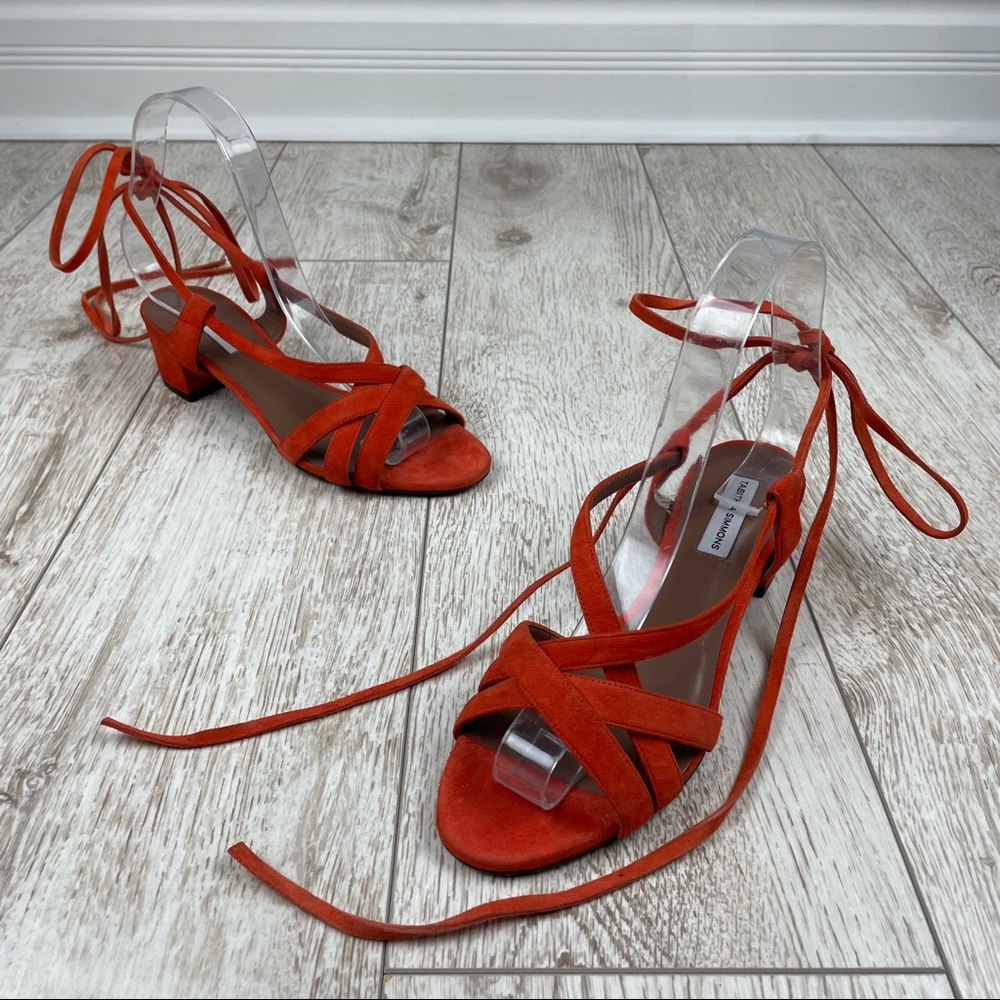 TABITHA SIMMONS 35 unworn lace up suede orange coral red sandals